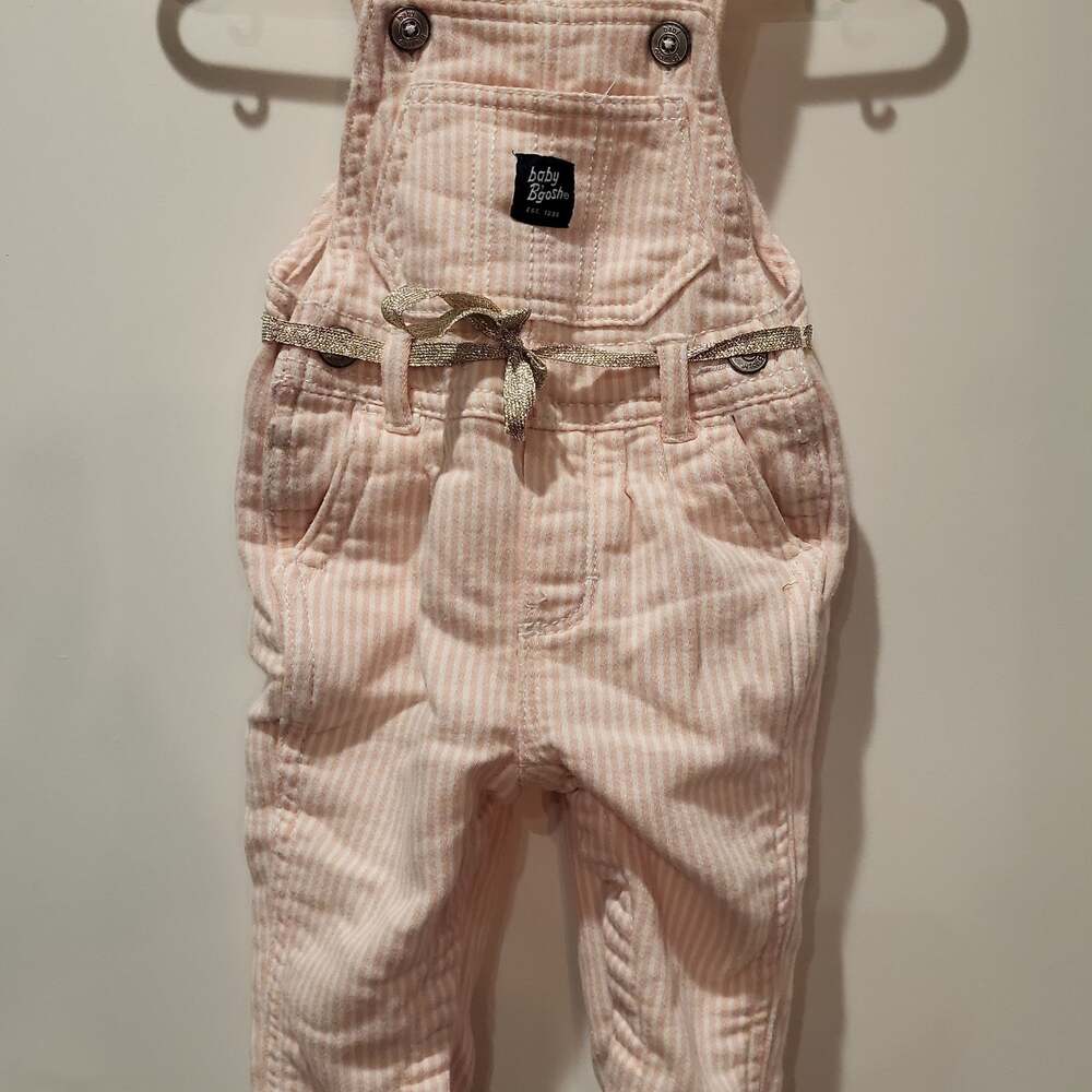 Baby B'gosh Pink and White Stretchy Hickory Stripe Overalls with Metallic Bow